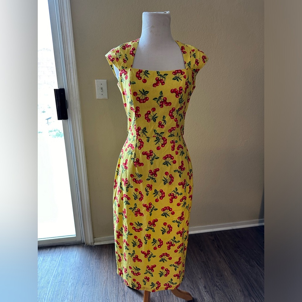 NWOT Bernie Dexter Chloe yellow dress in red cherries - Rockabilly wiggle dress!